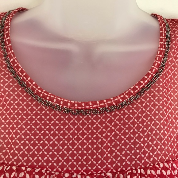 Lucky Brand Sheer Bell Sleeve Cold Shoulder Beaded Top Red White Size XS - Picture 3 of 8